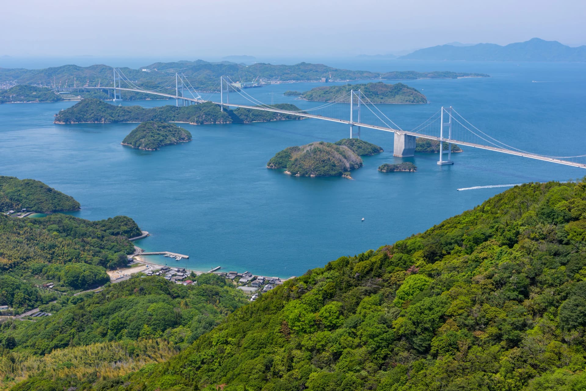 Look down on the Kurushima-Kaikyō Bridge from Kirōsan