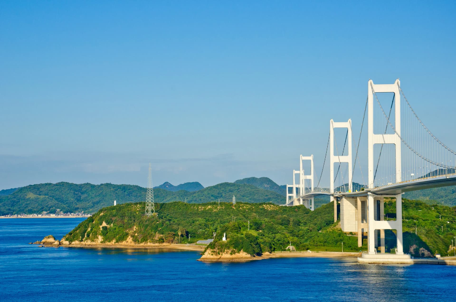 Look along the Kurushima-Kaikyō Bridge to the islands