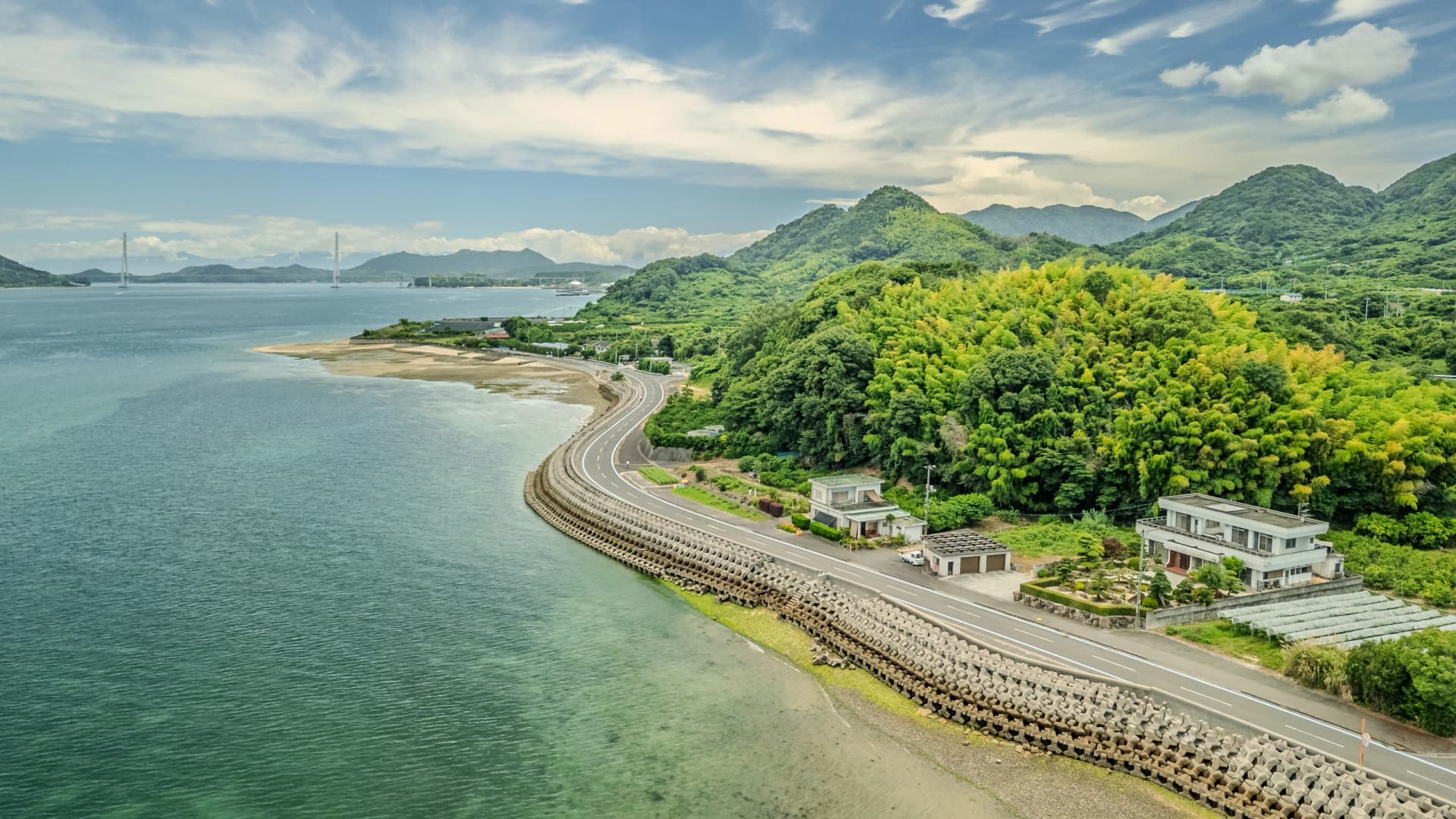 Look along Ōmishima's coast to the Tatara Bridge