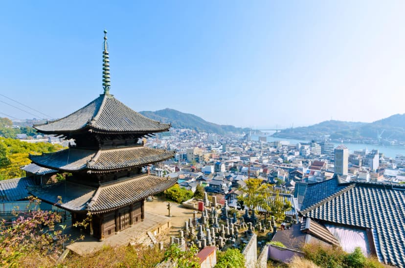 Look over Onomichi past an old temple pagoda
